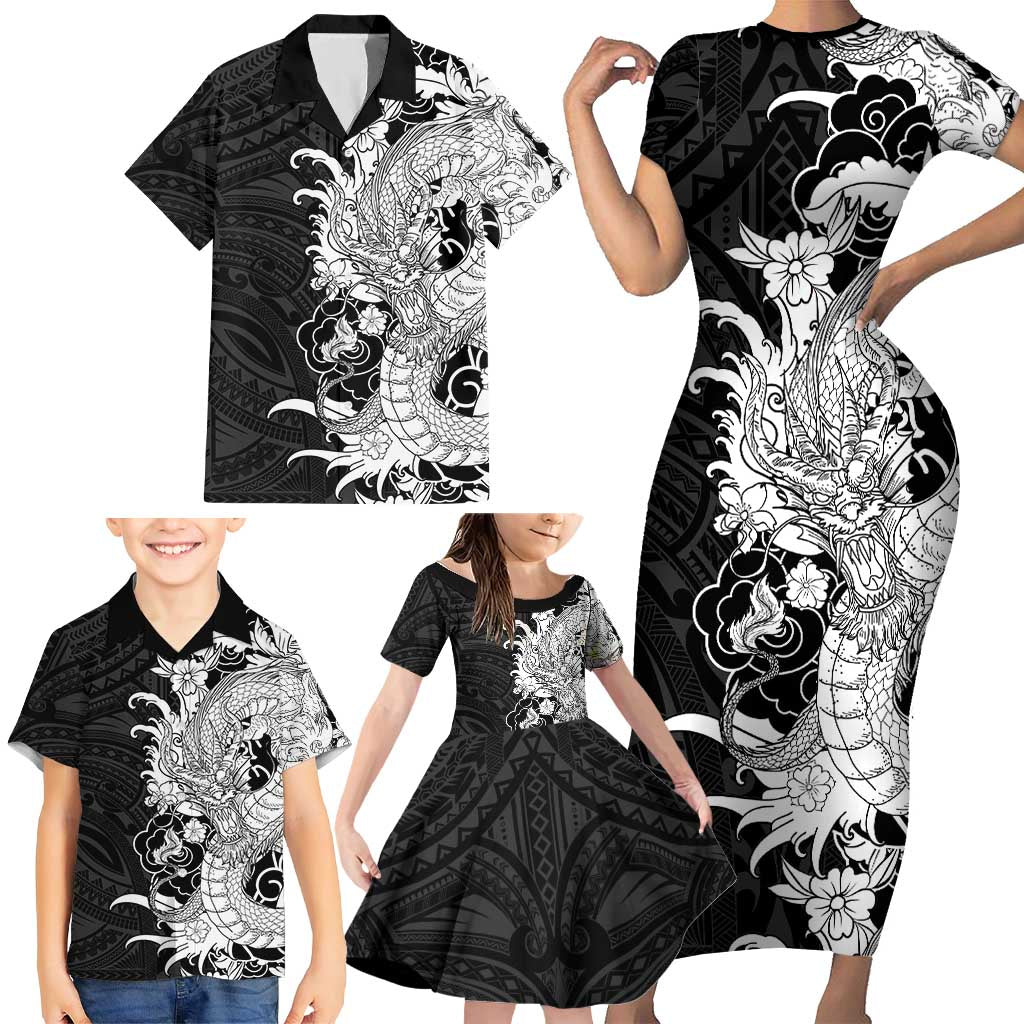 Hawaiian And Japanese Culture Family Matching Short Sleeve Bodycon Dress and Hawaiian Shirt Irezumi Dragon With Polynesian Pattern Black LT05 - Polynesian Pride