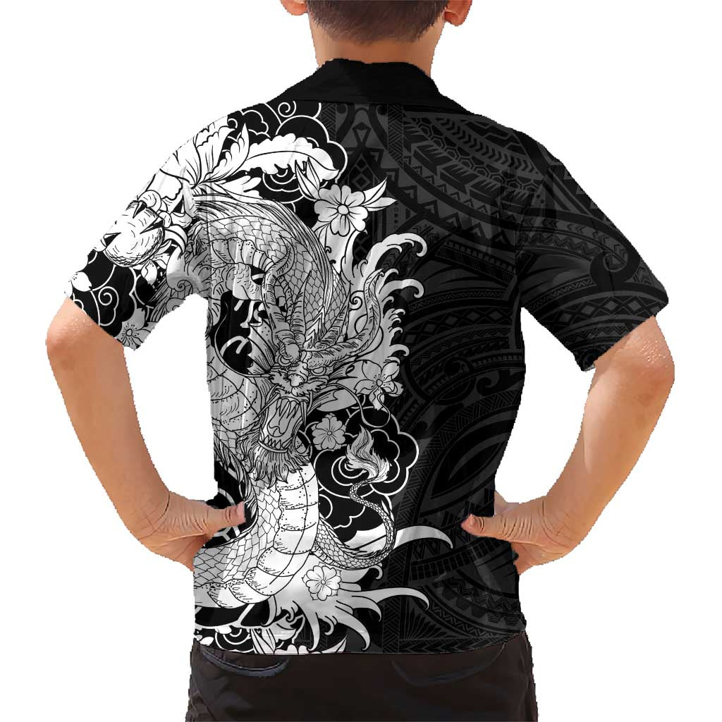 Hawaiian And Japanese Culture Family Matching Summer Maxi Dress and Hawaiian Shirt Irezumi Dragon With Polynesian Pattern Black LT05 - Polynesian Pride