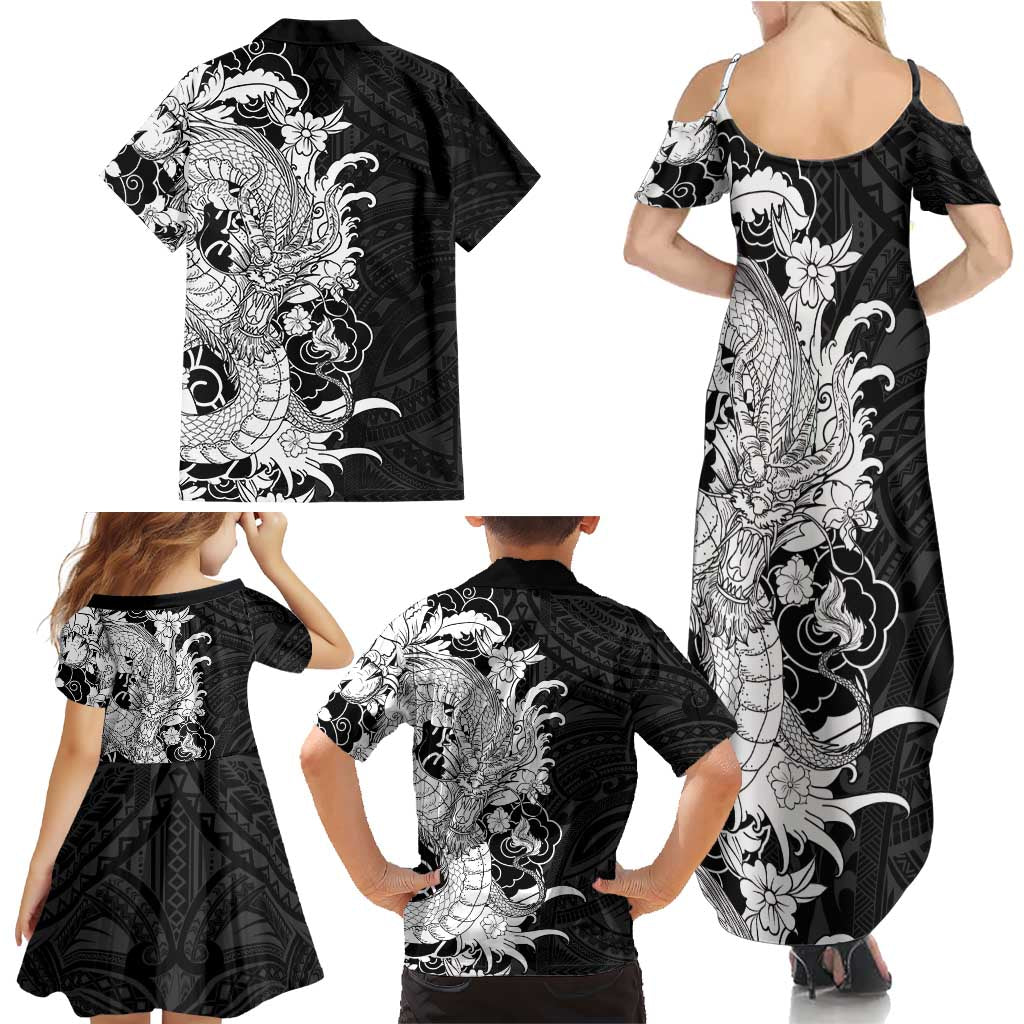 Hawaiian And Japanese Culture Family Matching Summer Maxi Dress and Hawaiian Shirt Irezumi Dragon With Polynesian Pattern Black LT05 - Polynesian Pride