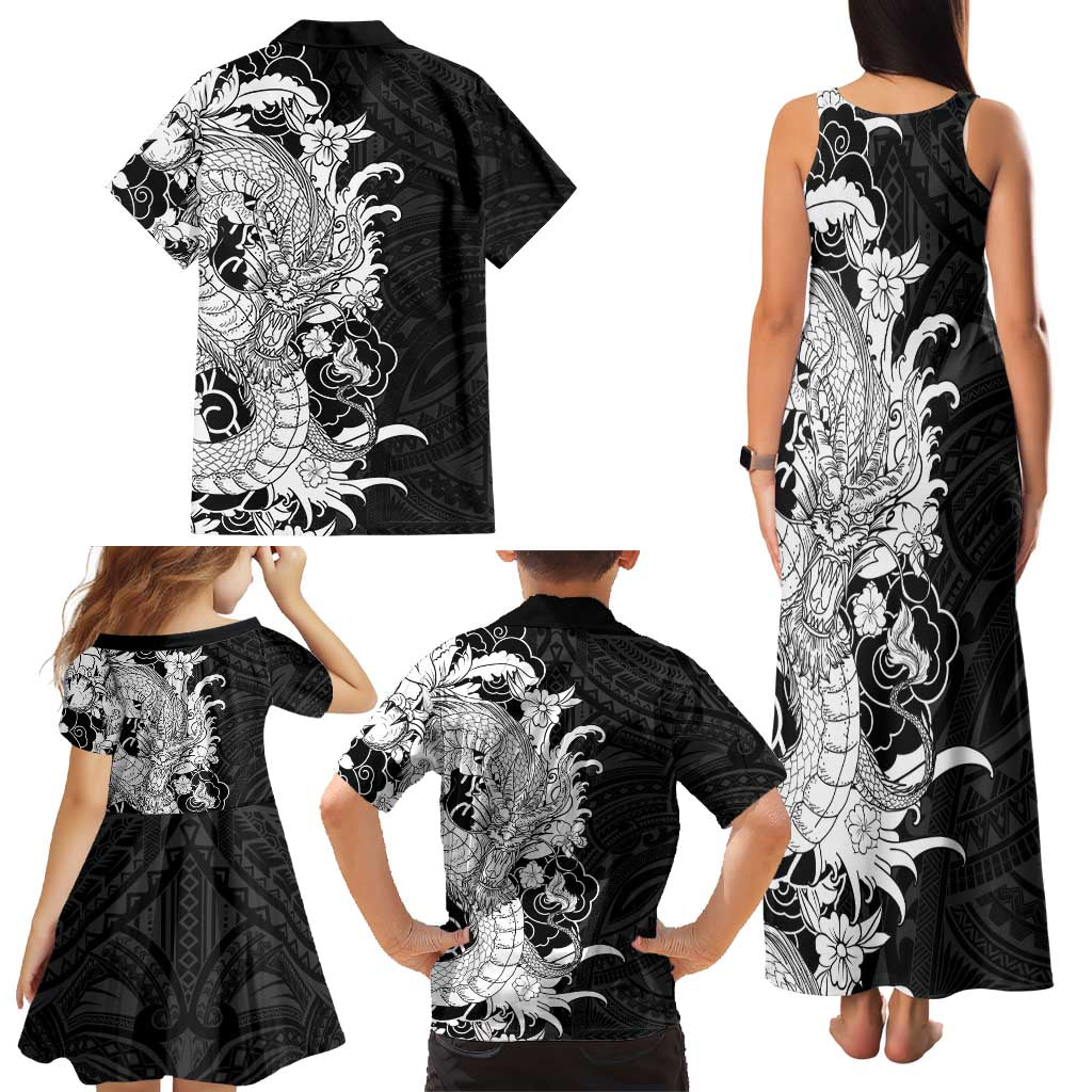 Hawaiian And Japanese Culture Family Matching Tank Maxi Dress and Hawaiian Shirt Irezumi Dragon With Polynesian Pattern Black LT05 - Polynesian Pride