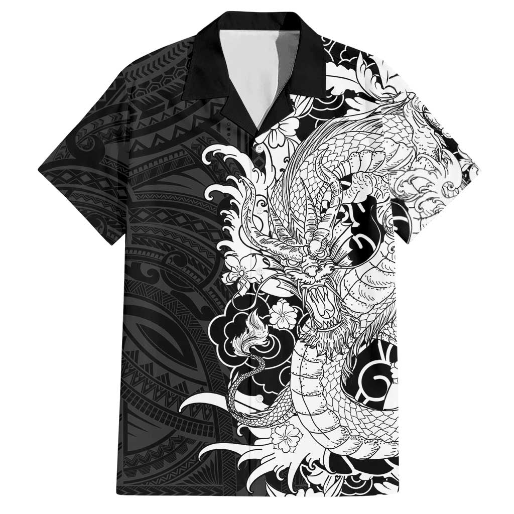 Hawaiian And Japanese Culture Hawaiian Shirt Irezumi Dragon With Polynesian Pattern Black - Polynesian Pride