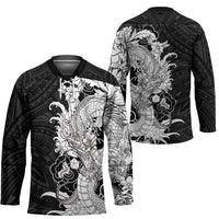 Hawaiian And Japanese Culture Hockey Jersey Irezumi Dragon With Polynesian Pattern Black - Polynesian Pride