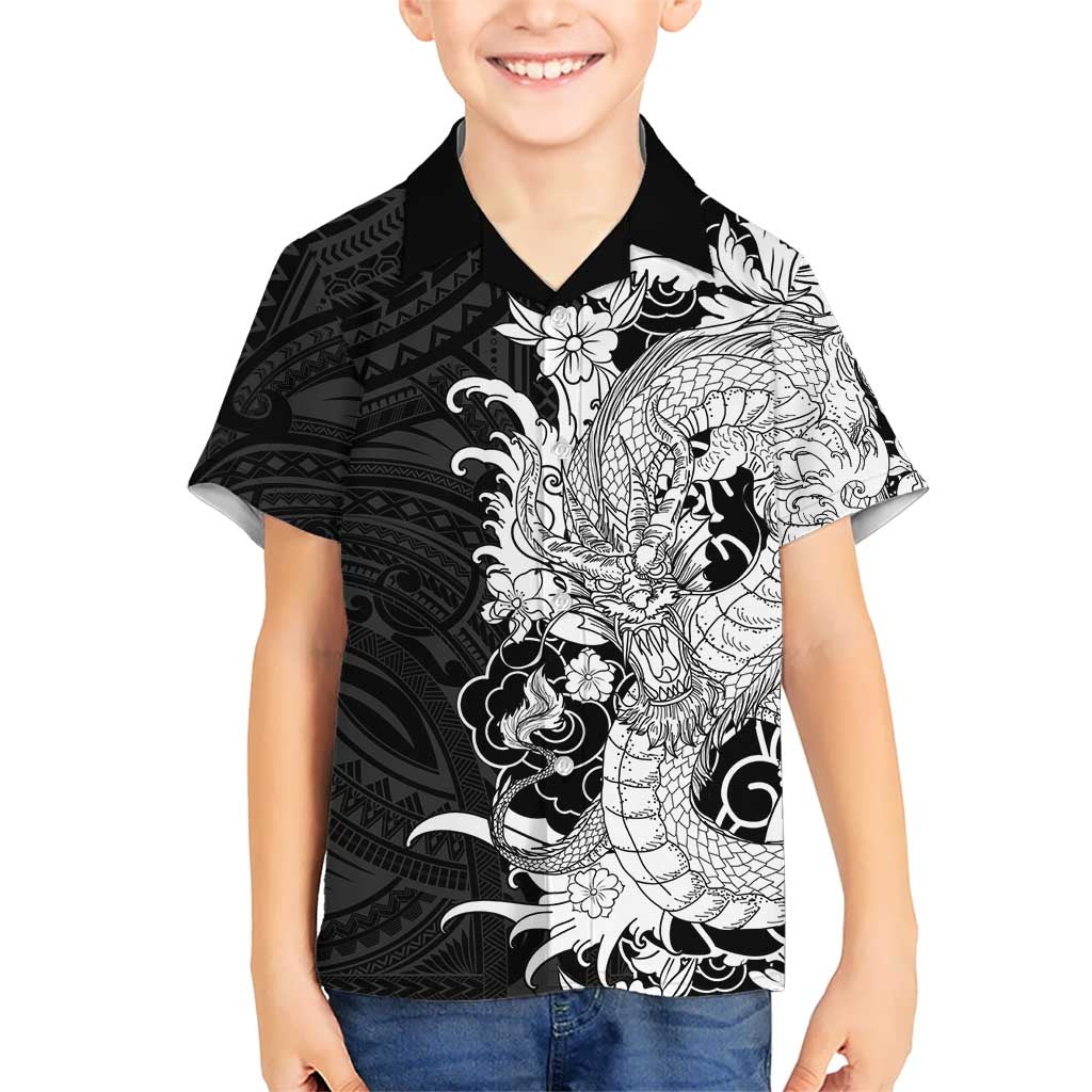 Hawaiian And Japanese Culture Kid Hawaiian Shirt Irezumi Dragon With Polynesian Pattern Black - Polynesian Pride