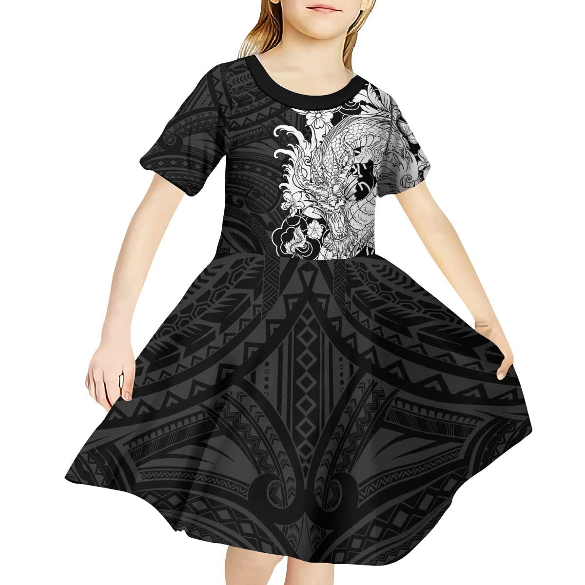Hawaiian And Japanese Culture Kid Short Sleeve Dress Irezumi Dragon With Polynesian Pattern Black - Polynesian Pride