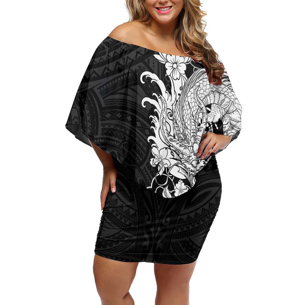 Hawaiian And Japanese Culture Off Shoulder Short Dress Irezumi Dragon With Polynesian Pattern Black LT05 Women Black - Polynesian Pride