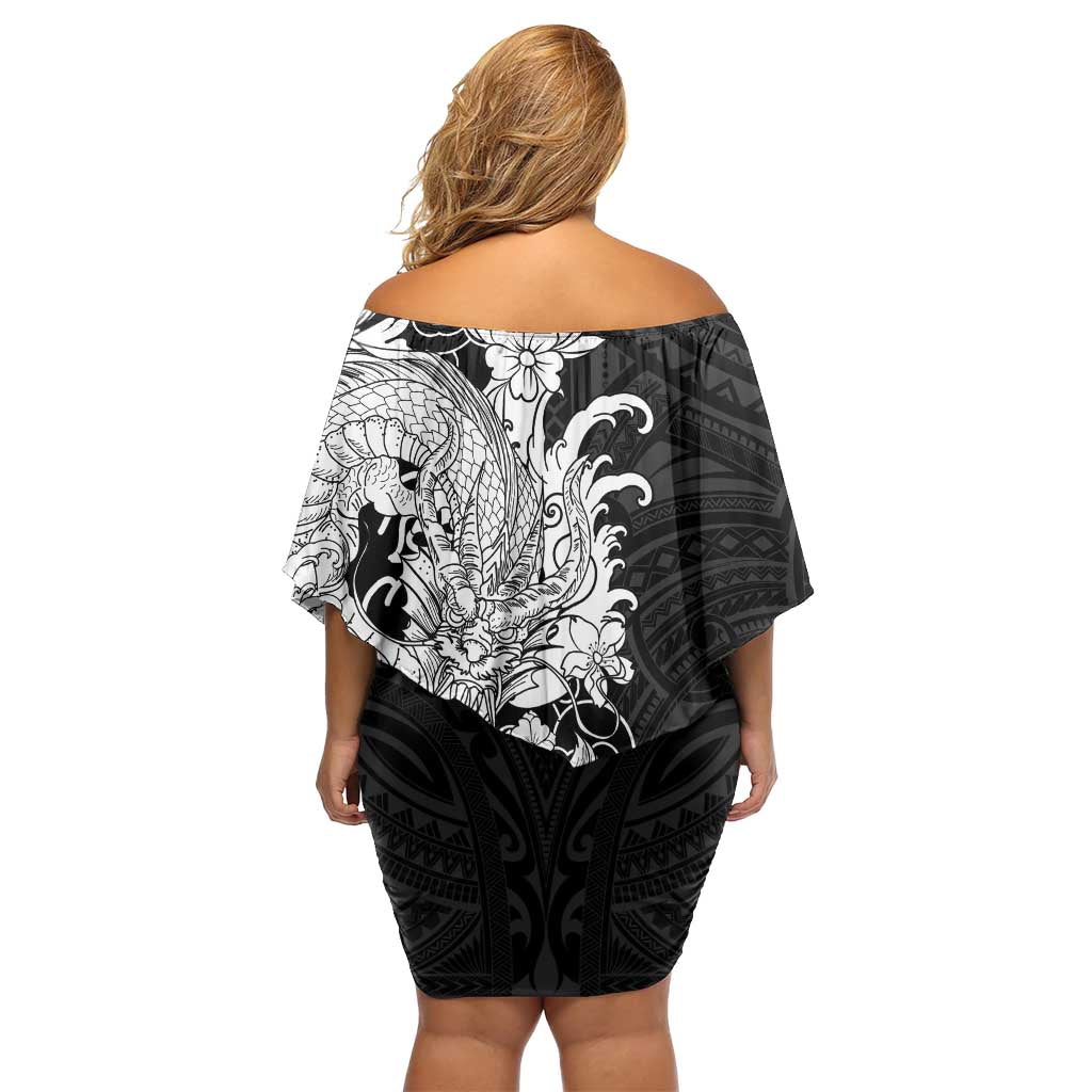 Hawaiian And Japanese Culture Off Shoulder Short Dress Irezumi Dragon With Polynesian Pattern Black LT05 - Polynesian Pride