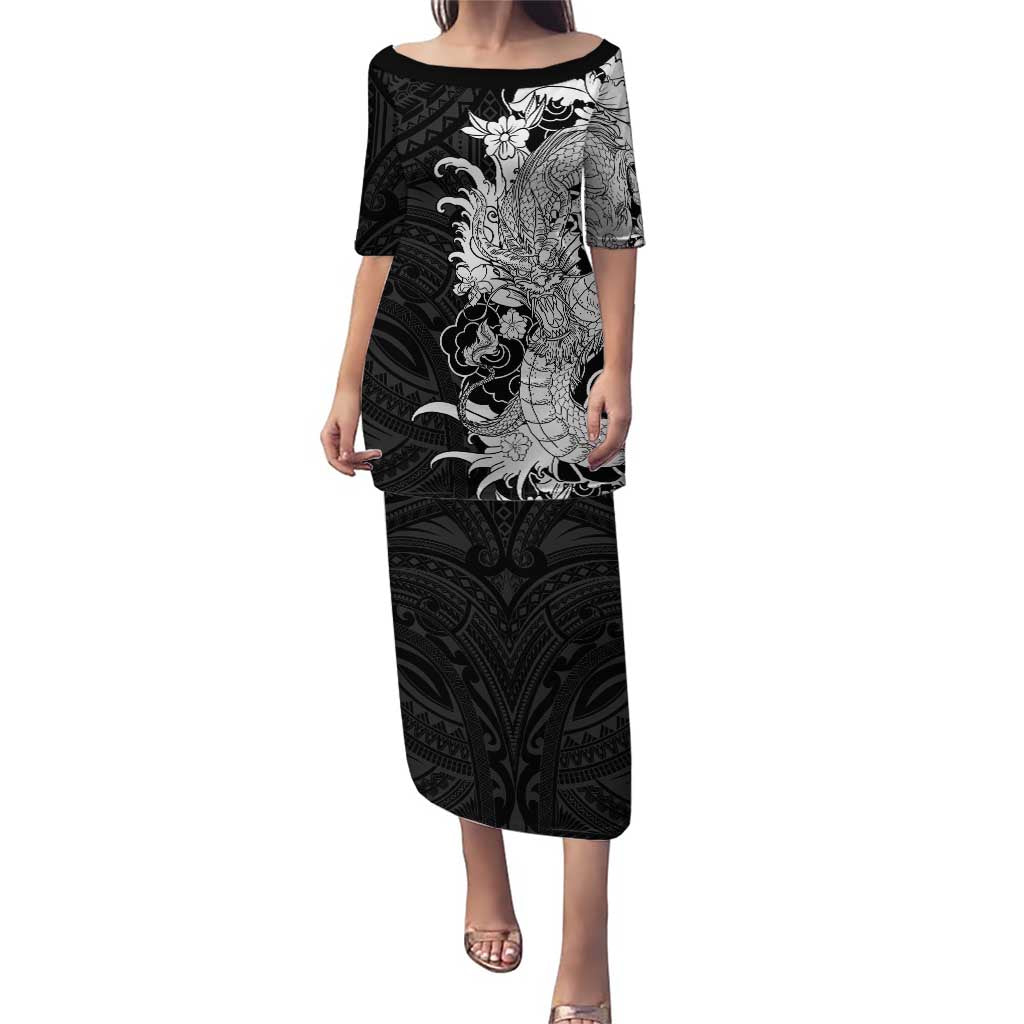 Hawaiian And Japanese Culture Puletasi Irezumi Dragon With Polynesian Pattern Black - Polynesian Pride