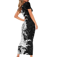Hawaiian And Japanese Culture Short Sleeve Bodycon Dress Irezumi Dragon With Polynesian Pattern Black - Polynesian Pride