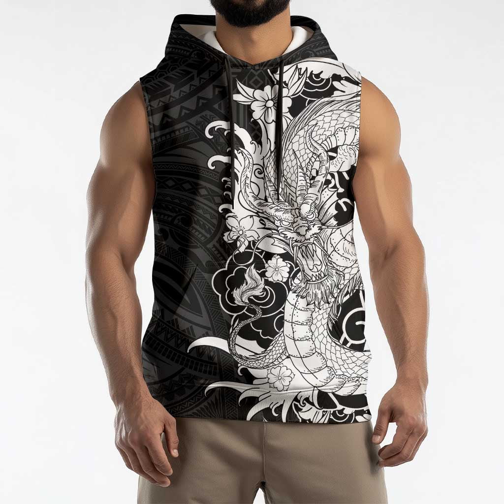 Hawaiian And Japanese Culture Sleeveless Hoodie Irezumi Dragon With Polynesian Pattern Black LT05 - Polynesian Pride