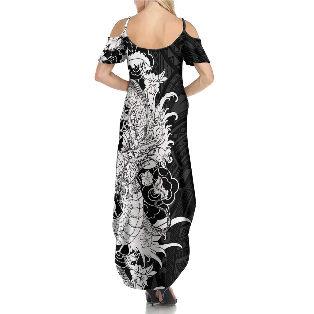 Hawaiian And Japanese Culture Summer Maxi Dress Irezumi Dragon With Polynesian Pattern Black - Polynesian Pride