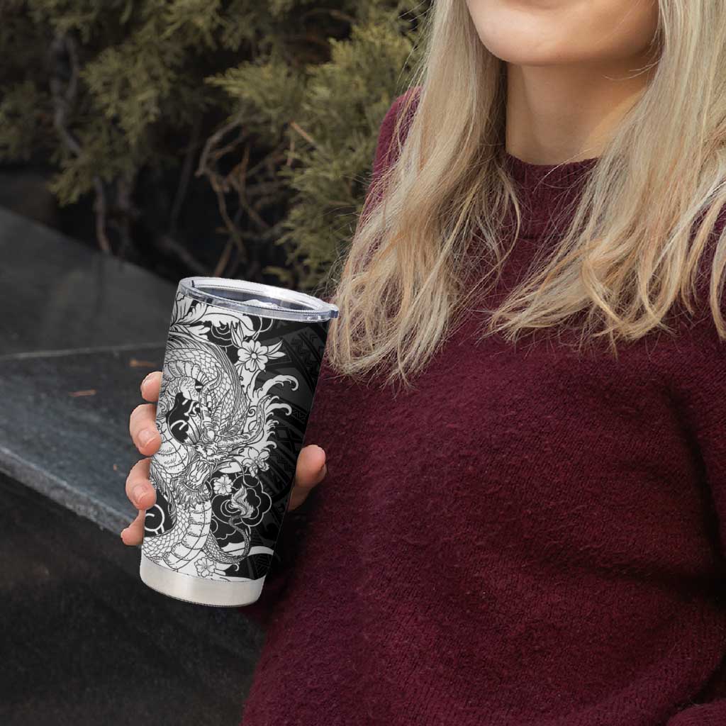 Hawaiian And Japanese Culture Tumbler Cup Irezumi Dragon With Polynesian Pattern Black - Polynesian Pride