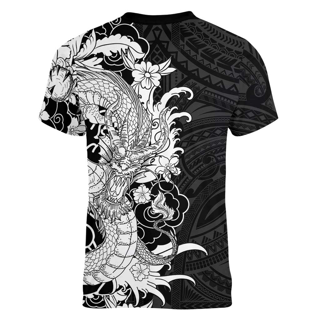 Hawaiian And Japanese Culture Women V-Neck T-Shirt Irezumi Dragon With Polynesian Pattern Black - Polynesian Pride