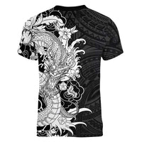 Hawaiian And Japanese Culture Women V-Neck T-Shirt Irezumi Dragon With Polynesian Pattern Black - Polynesian Pride