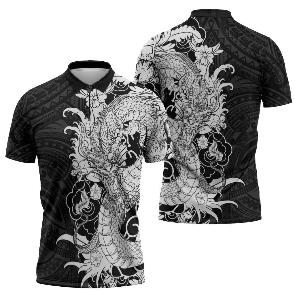 Hawaiian And Japanese Culture Zipper Polo Shirt Irezumi Dragon With Polynesian Pattern Black LT05 - Polynesian Pride