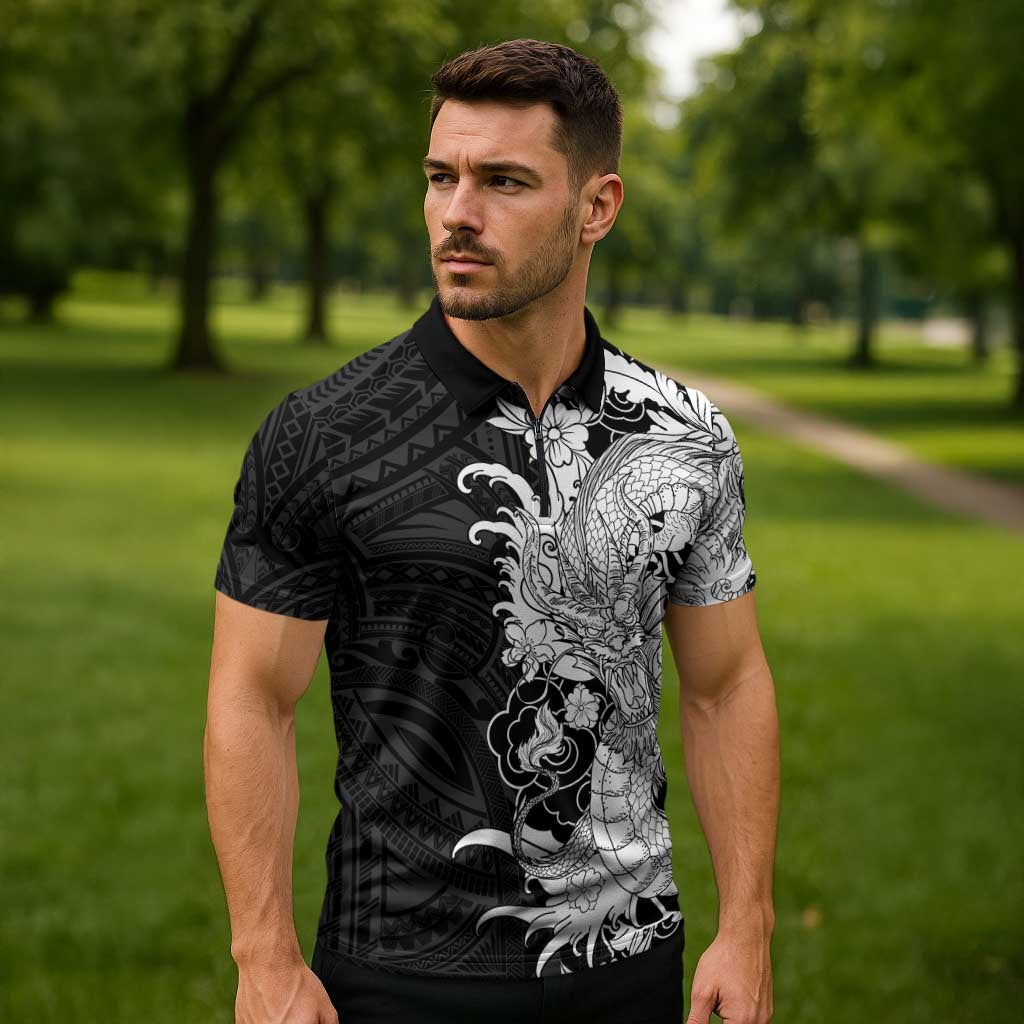 Hawaiian And Japanese Culture Zipper Polo Shirt Irezumi Dragon With Polynesian Pattern Black LT05 - Polynesian Pride