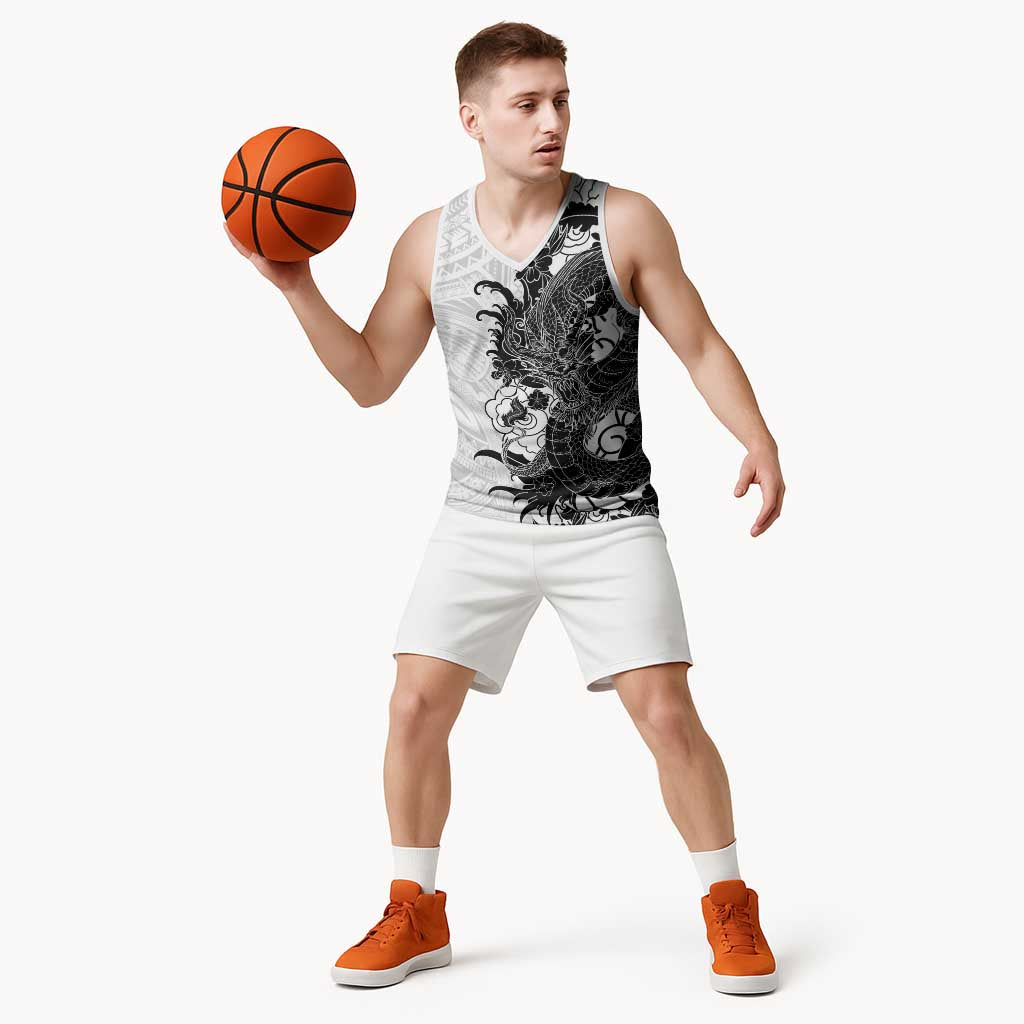 Hawaiian And Japanese Culture Basketball Jersey Irezumi Dragon With Polynesian Pattern White - Polynesian Pride