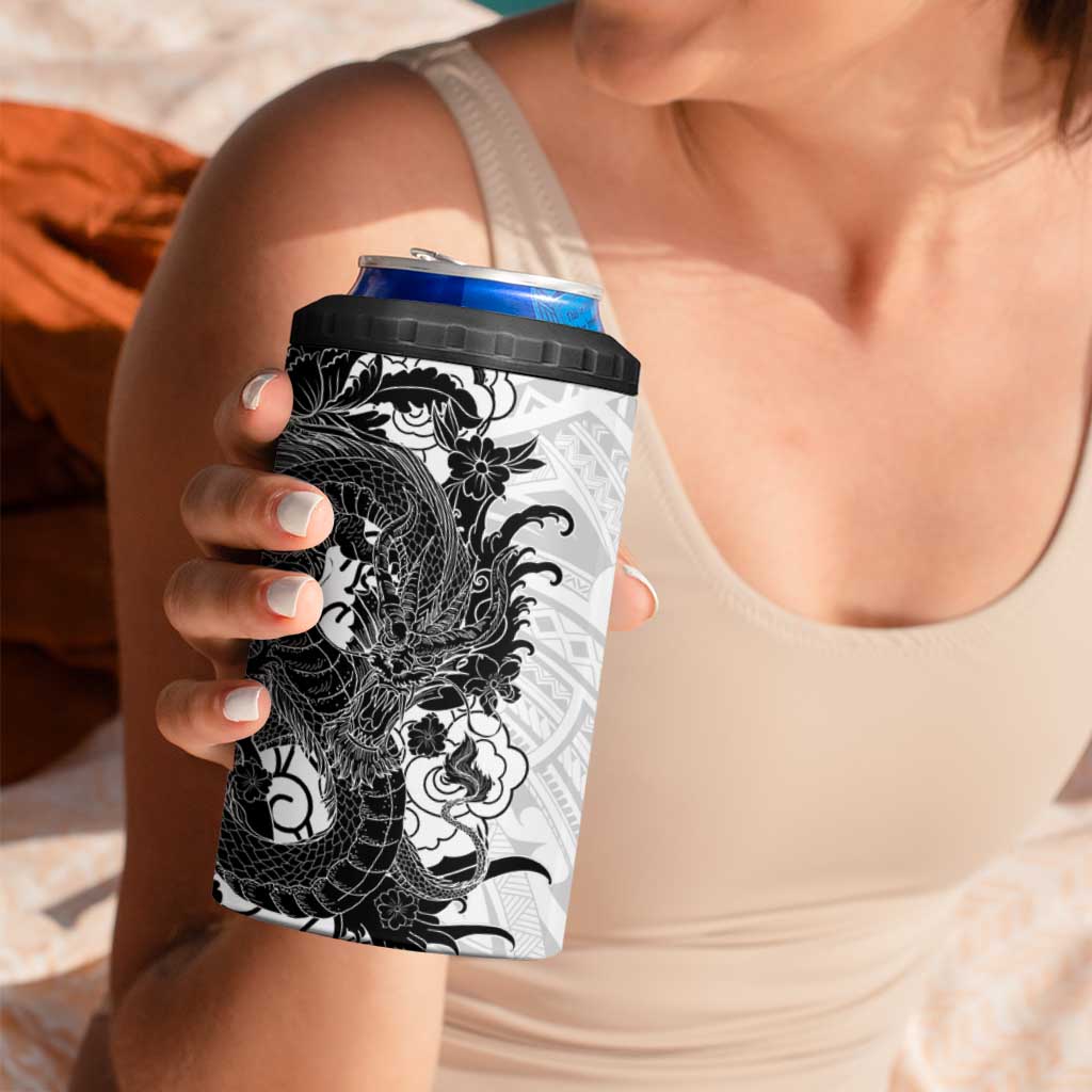 Hawaiian And Japanese Culture 4 in 1 Can Cooler Tumbler Irezumi Dragon With Polynesian Pattern White LT05 - Polynesian Pride