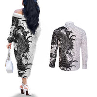 Hawaiian And Japanese Culture Couples Matching Off The Shoulder Long Sleeve Dress and Long Sleeve Button Shirt Irezumi Dragon With Polynesian Pattern White LT05 - Polynesian Pride