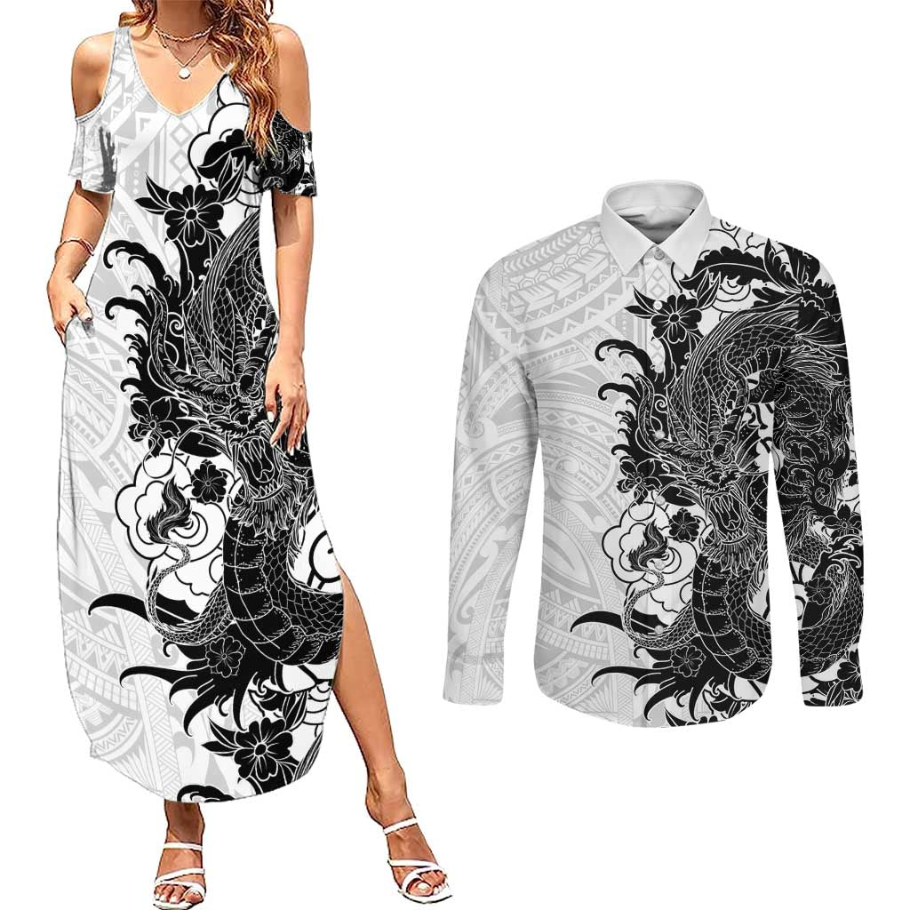 Hawaiian And Japanese Culture Couples Matching Summer Maxi Dress and Long Sleeve Button Shirt Irezumi Dragon With Polynesian Pattern White - Polynesian Pride