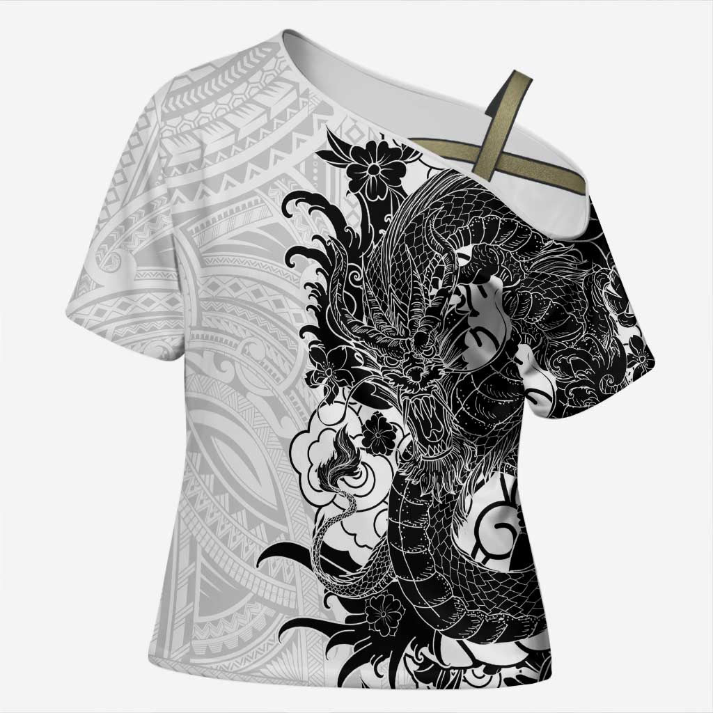 Hawaiian And Japanese Culture Cross Shoulder Shirt Irezumi Dragon With Polynesian Pattern White - Polynesian Pride