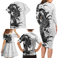 Hawaiian And Japanese Culture Family Matching Long Sleeve Bodycon Dress and Hawaiian Shirt Irezumi Dragon With Polynesian Pattern White LT05 - Polynesian Pride