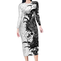 Hawaiian And Japanese Culture Family Matching Long Sleeve Bodycon Dress and Hawaiian Shirt Irezumi Dragon With Polynesian Pattern White LT05 Mom's Dress White - Polynesian Pride