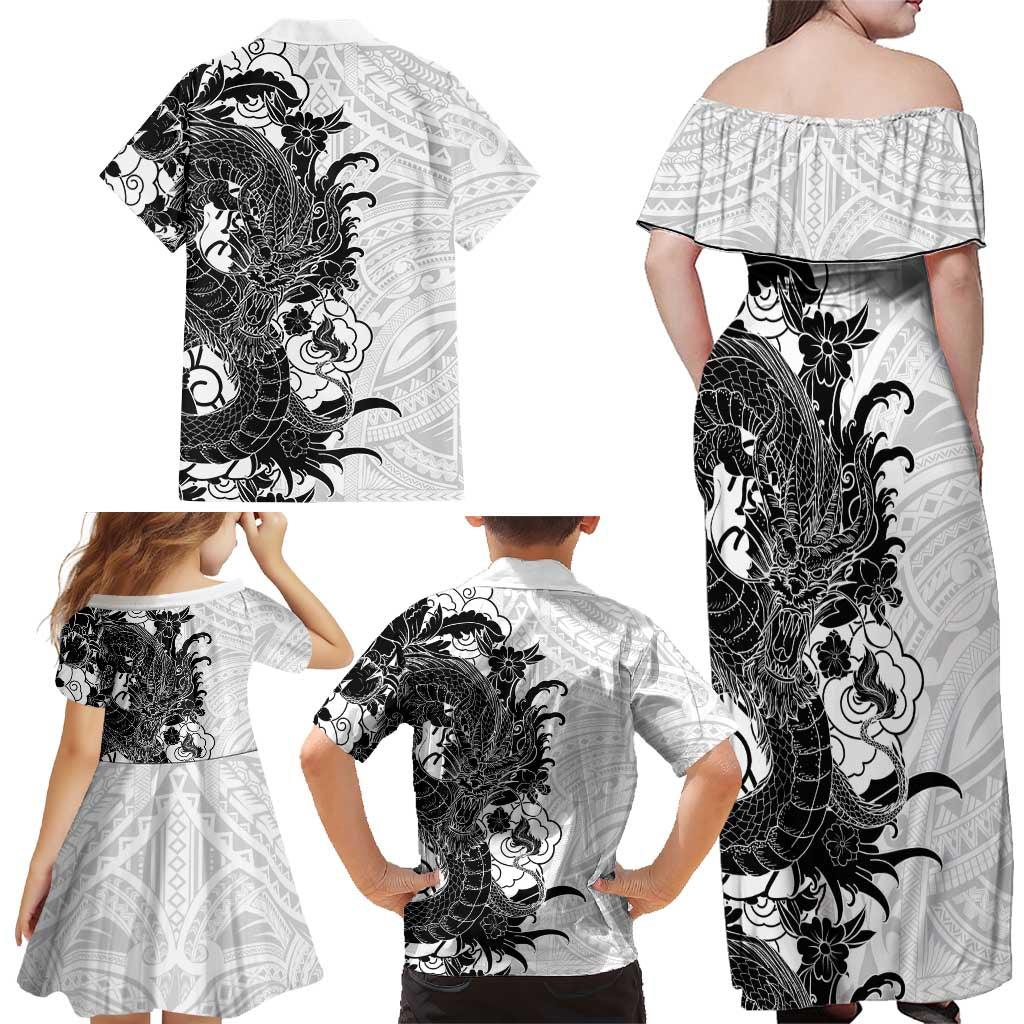Hawaiian And Japanese Culture Family Matching Off Shoulder Maxi Dress and Hawaiian Shirt Irezumi Dragon With Polynesian Pattern White LT05 - Polynesian Pride