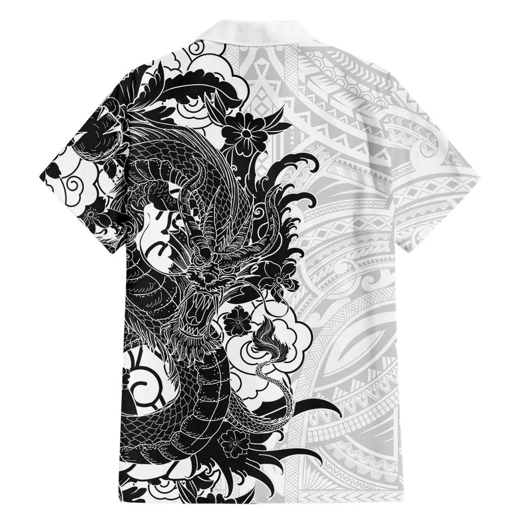 Hawaiian And Japanese Culture Family Matching Off Shoulder Maxi Dress and Hawaiian Shirt Irezumi Dragon With Polynesian Pattern White LT05 - Polynesian Pride
