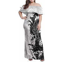 Hawaiian And Japanese Culture Family Matching Off Shoulder Maxi Dress and Hawaiian Shirt Irezumi Dragon With Polynesian Pattern White LT05 Mom's Dress White - Polynesian Pride
