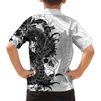 Hawaiian And Japanese Culture Family Matching Off Shoulder Short Dress and Hawaiian Shirt Irezumi Dragon With Polynesian Pattern White LT05 - Polynesian Pride