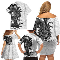 Hawaiian And Japanese Culture Family Matching Off Shoulder Short Dress and Hawaiian Shirt Irezumi Dragon With Polynesian Pattern White LT05 - Polynesian Pride