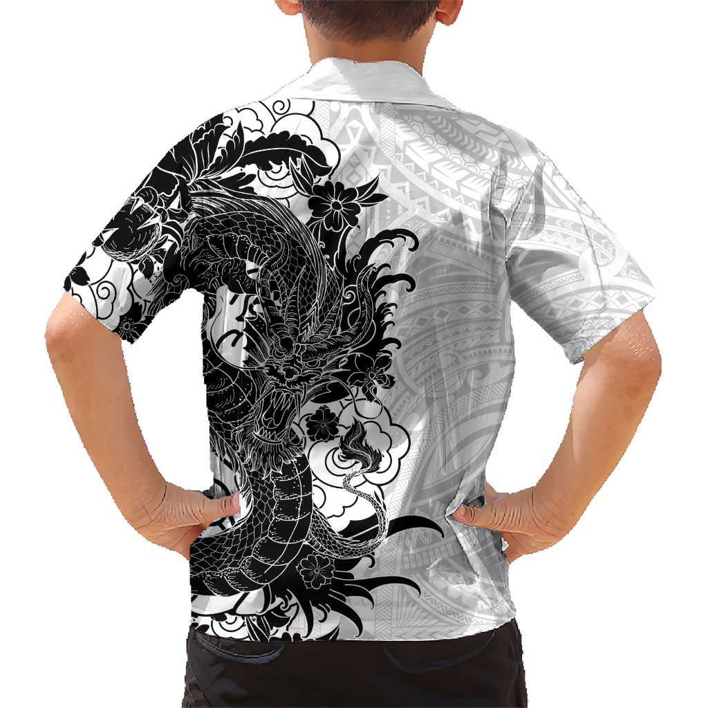 Hawaiian And Japanese Culture Family Matching Short Sleeve Bodycon Dress and Hawaiian Shirt Irezumi Dragon With Polynesian Pattern White LT05 - Polynesian Pride