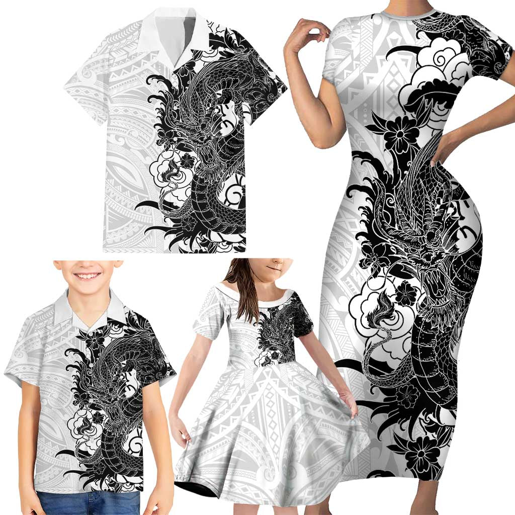 Hawaiian And Japanese Culture Family Matching Short Sleeve Bodycon Dress and Hawaiian Shirt Irezumi Dragon With Polynesian Pattern White - Polynesian Pride