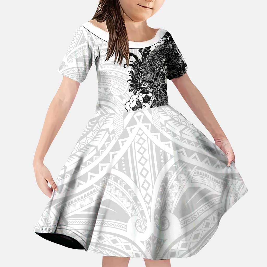 Hawaiian And Japanese Culture Family Matching Summer Maxi Dress and Hawaiian Shirt Irezumi Dragon With Polynesian Pattern White LT05 Daughter's Dress White - Polynesian Pride