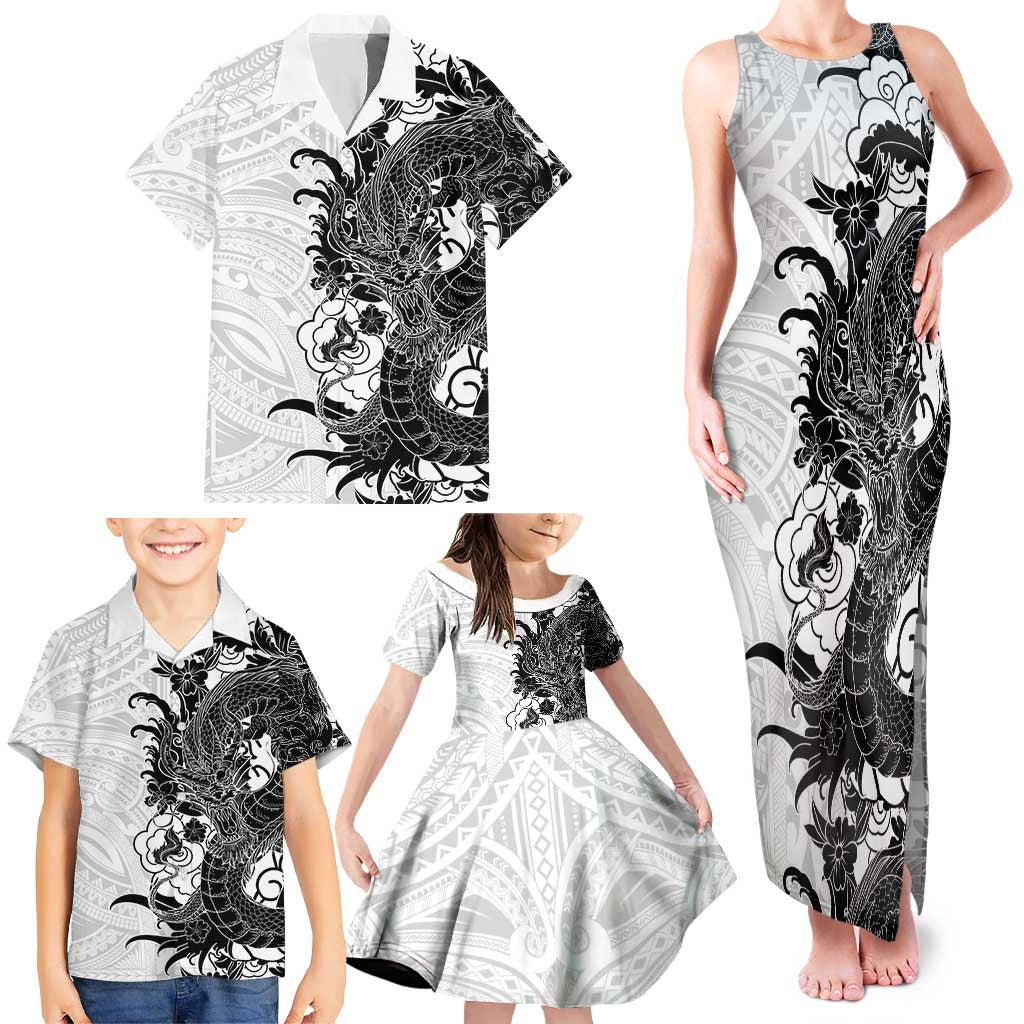 Hawaiian And Japanese Culture Family Matching Tank Maxi Dress and Hawaiian Shirt Irezumi Dragon With Polynesian Pattern White - Polynesian Pride