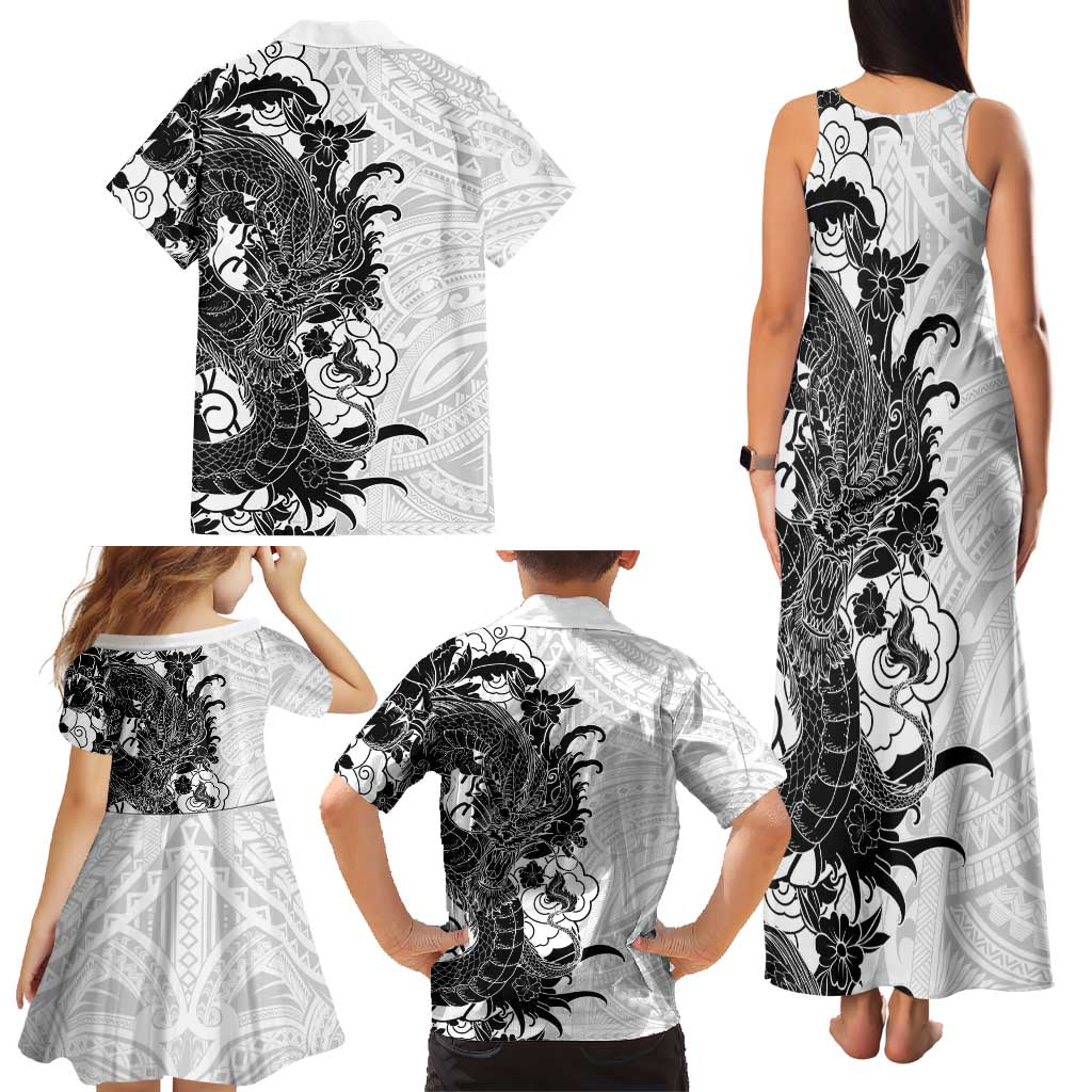 Hawaiian And Japanese Culture Family Matching Tank Maxi Dress and Hawaiian Shirt Irezumi Dragon With Polynesian Pattern White LT05 - Polynesian Pride