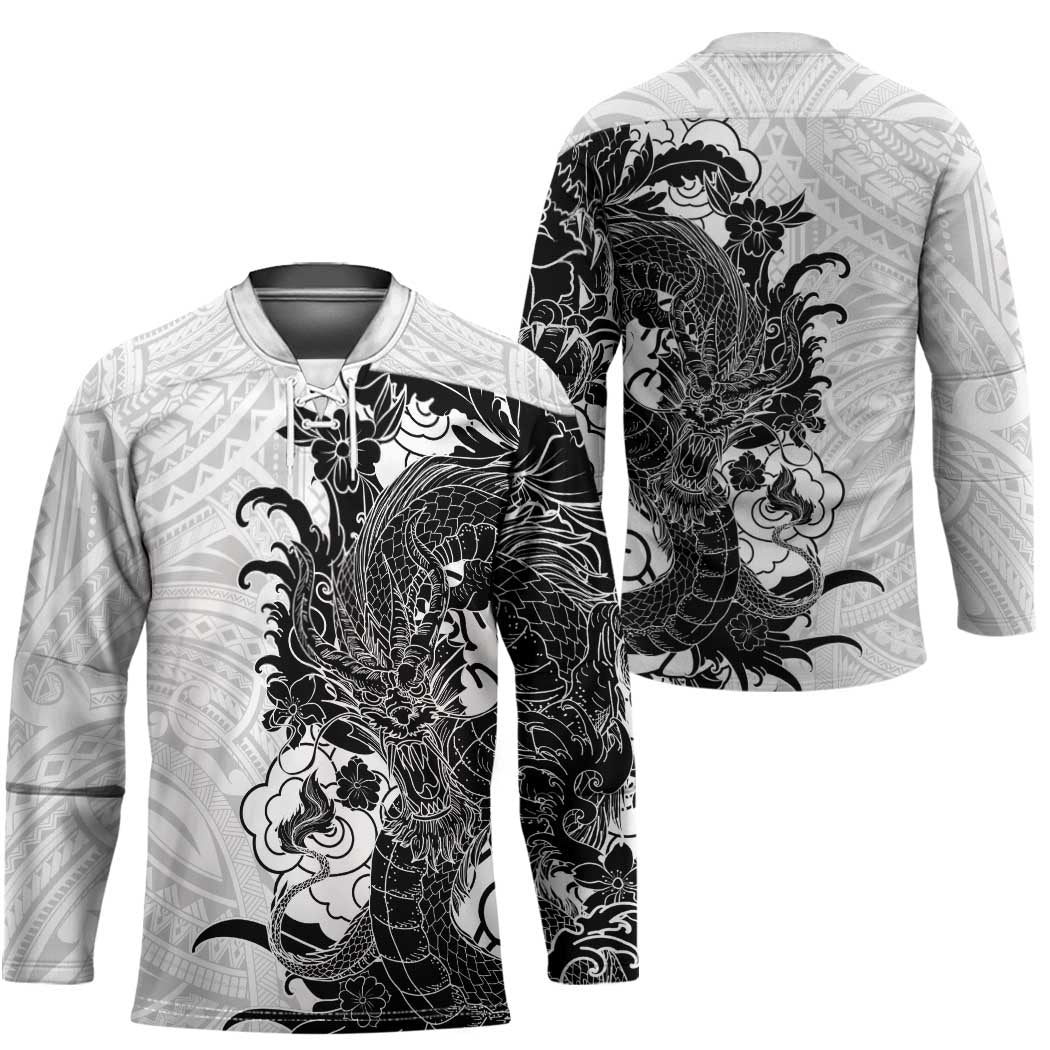 Hawaiian And Japanese Culture Hockey Jersey Irezumi Dragon With Polynesian Pattern White - Polynesian Pride