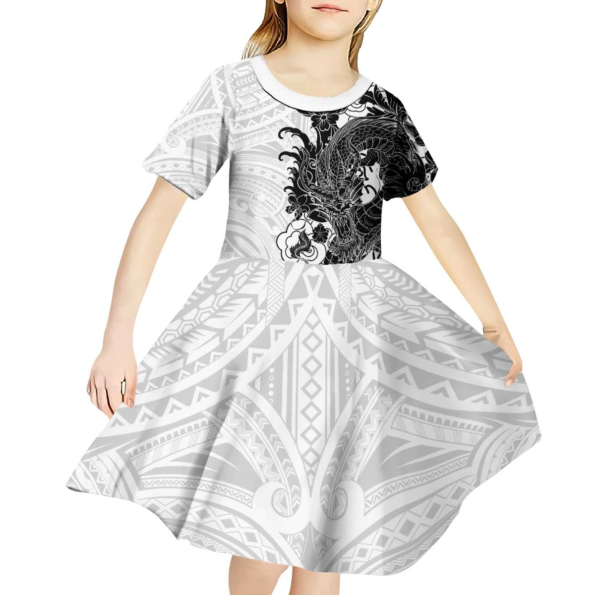 Hawaiian And Japanese Culture Kid Short Sleeve Dress Irezumi Dragon With Polynesian Pattern White LT05 - Polynesian Pride