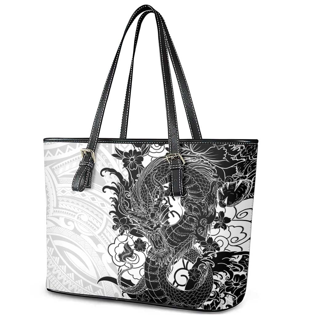 Hawaiian And Japanese Culture Leather Tote Bag Irezumi Dragon With Polynesian Pattern White LT05 - Polynesian Pride