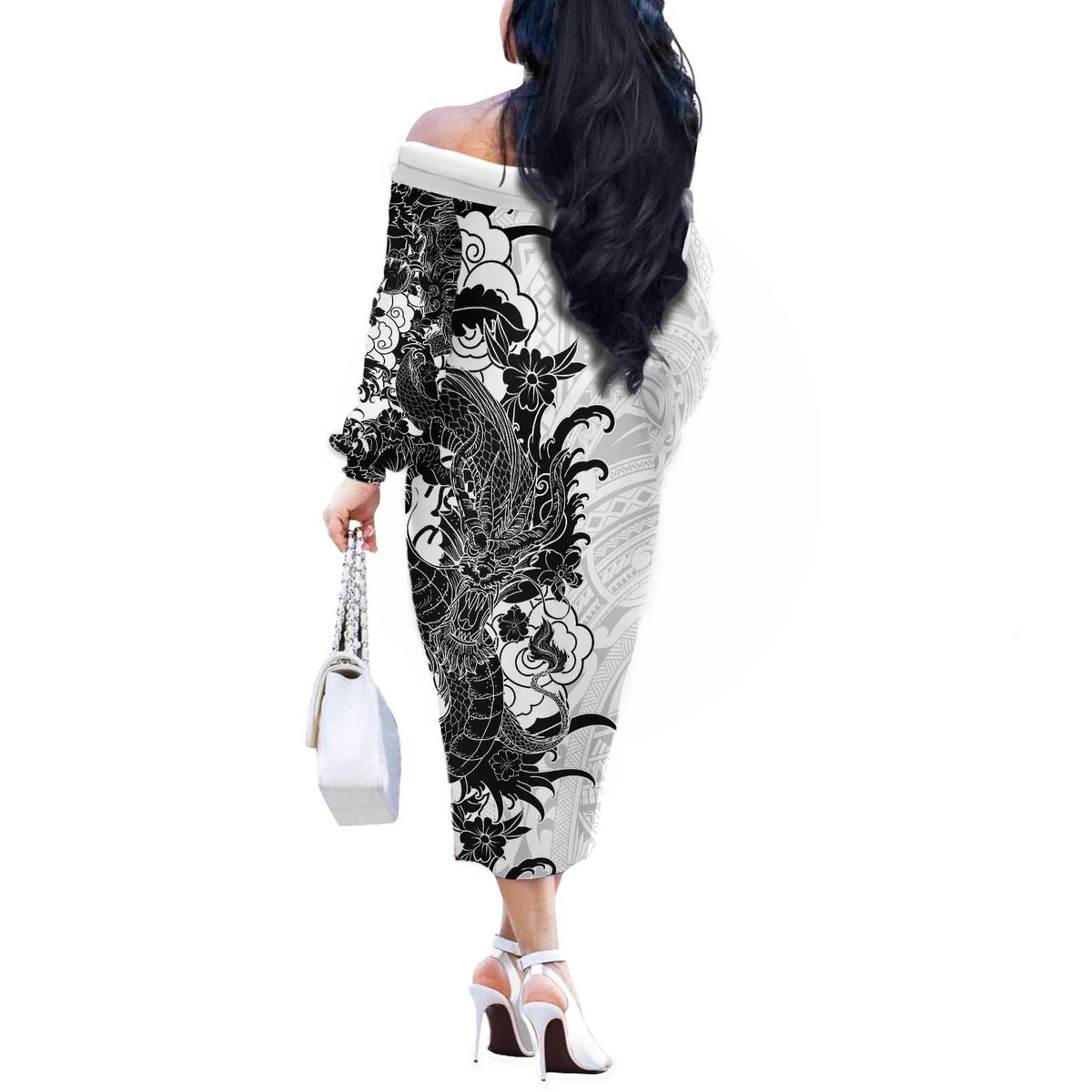 Hawaiian And Japanese Culture Off The Shoulder Long Sleeve Dress Irezumi Dragon With Polynesian Pattern White LT05 - Polynesian Pride