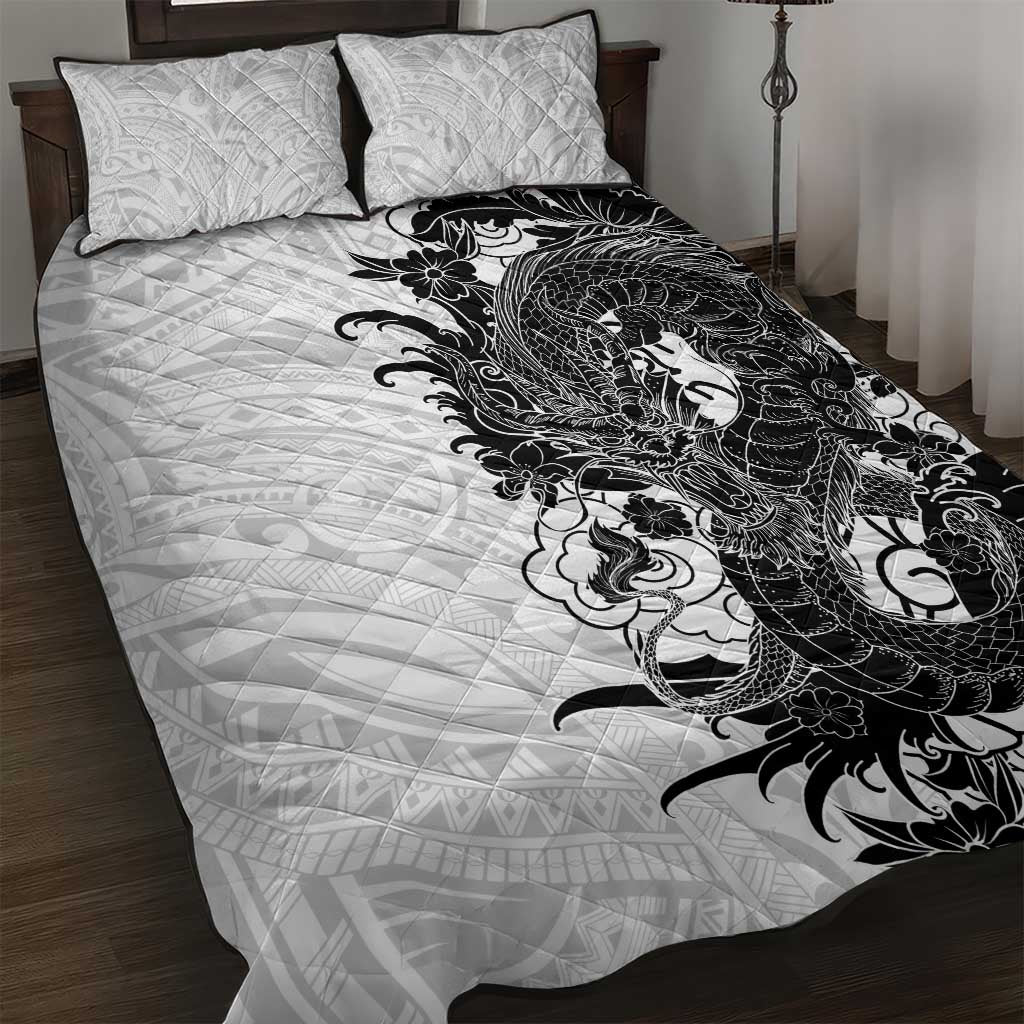 Hawaiian And Japanese Culture Quilt Bed Set Irezumi Dragon With Polynesian Pattern White LT05 White - Polynesian Pride