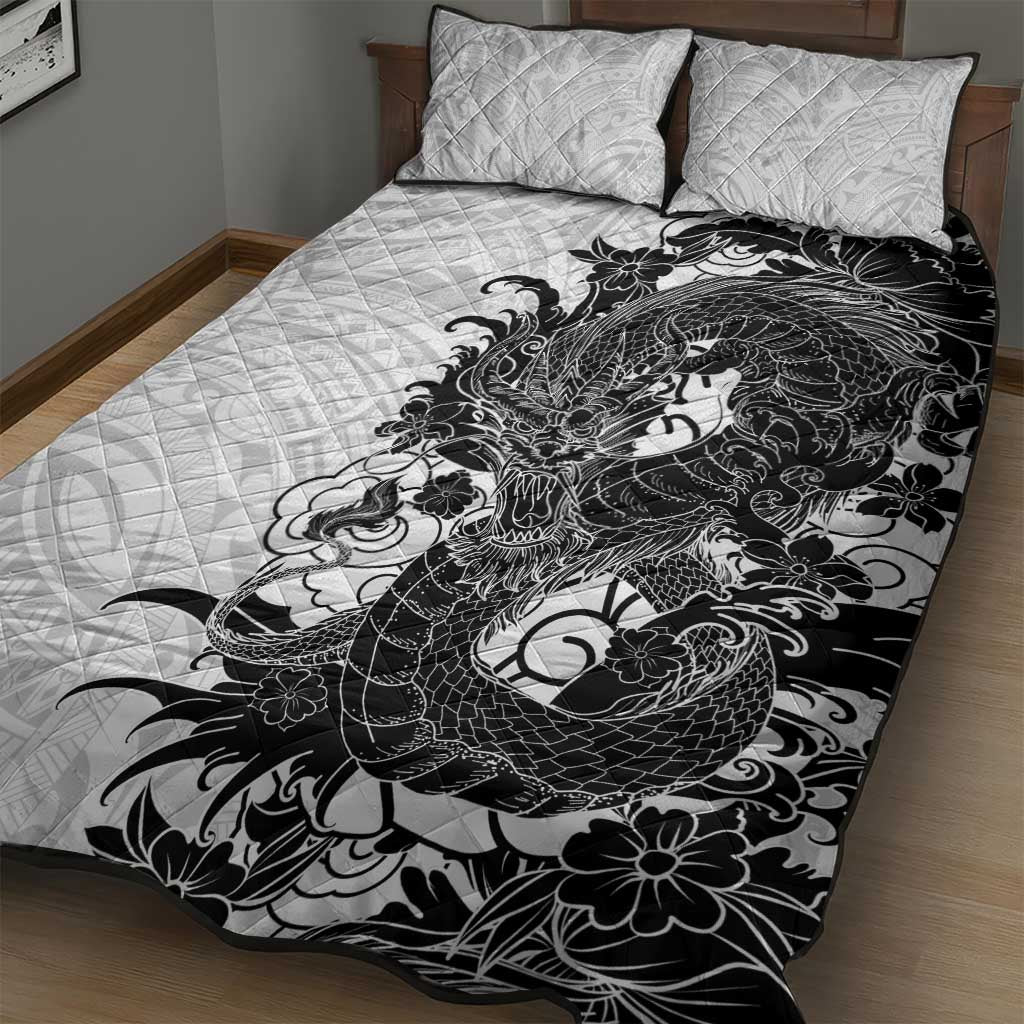 Hawaiian And Japanese Culture Quilt Bed Set Irezumi Dragon With Polynesian Pattern White LT05 - Polynesian Pride