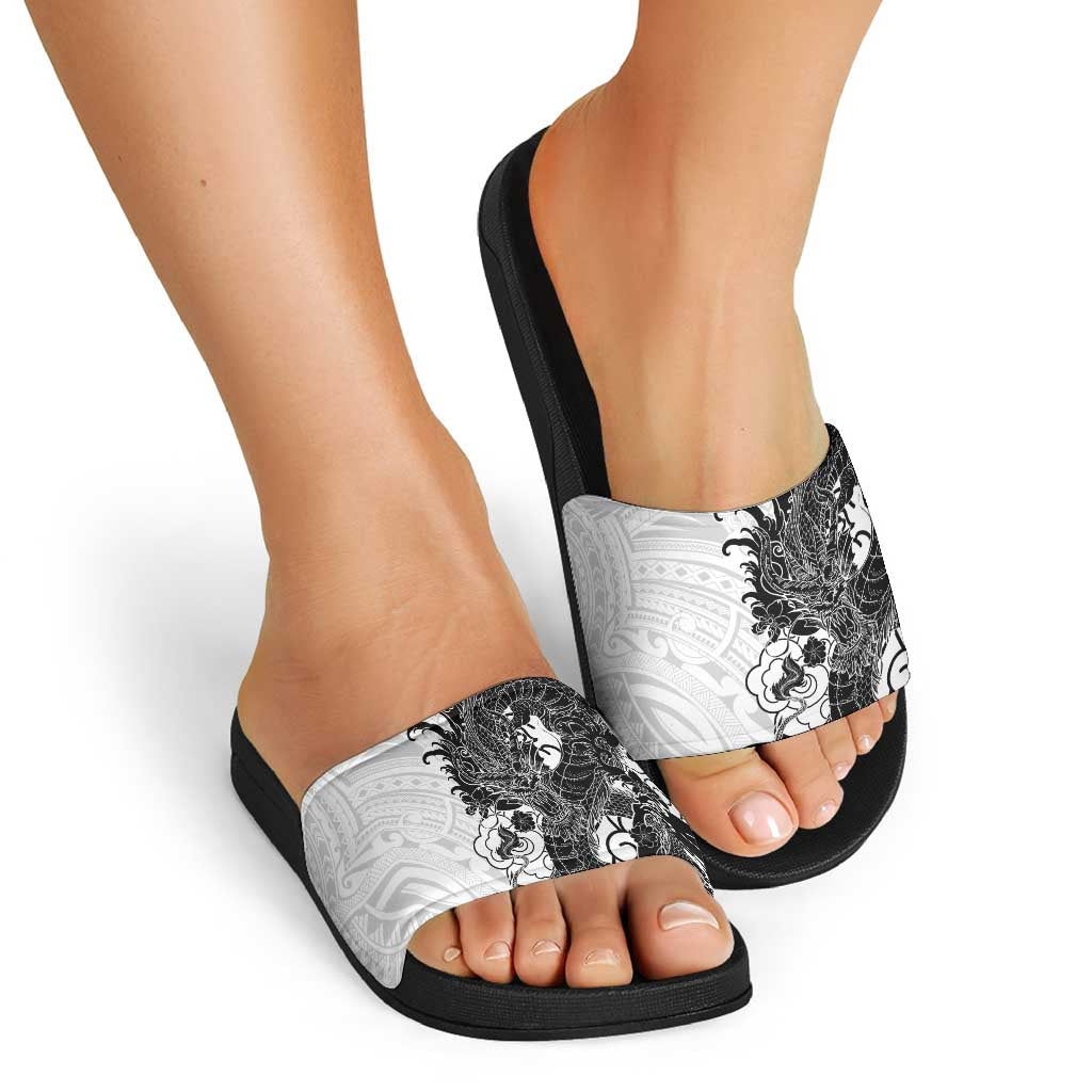 Hawaiian And Japanese Culture Slide Sandals Irezumi Dragon With Polynesian Pattern White LT05 - Polynesian Pride