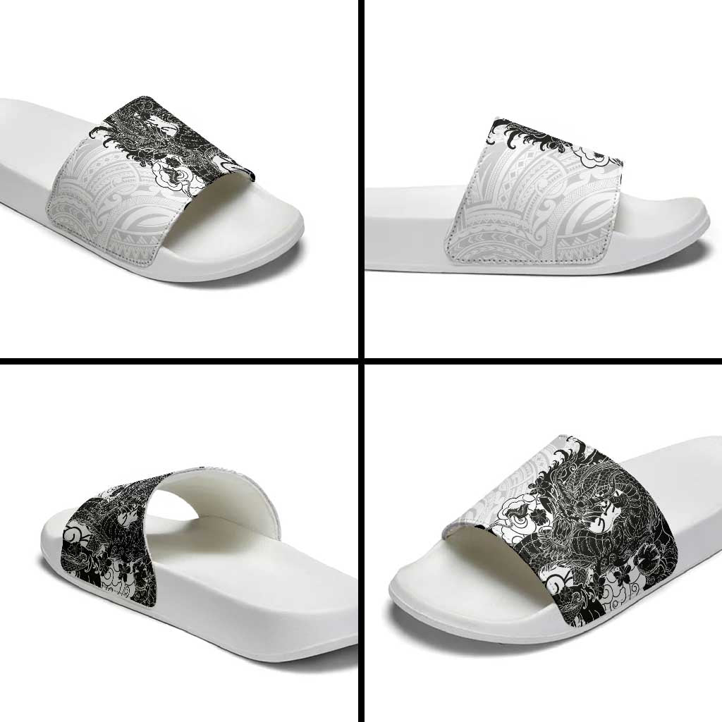 Hawaiian And Japanese Culture Slide Sandals Irezumi Dragon With Polynesian Pattern White LT05 - Polynesian Pride