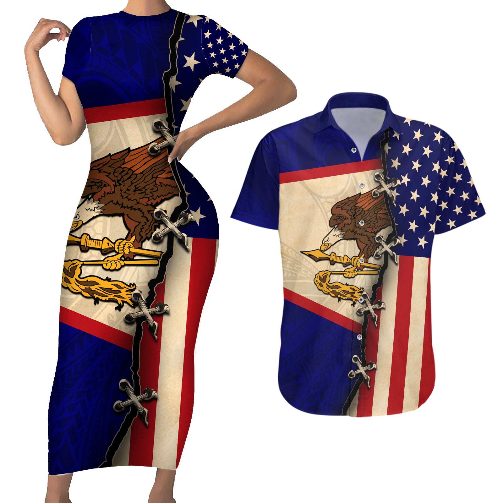 American Samoa Flag Day Couples Matching Short Sleeve Bodycon Dress and Hawaiian Shirt Polynesian Tribal Pattern LT05 Blue - Polynesian Pride