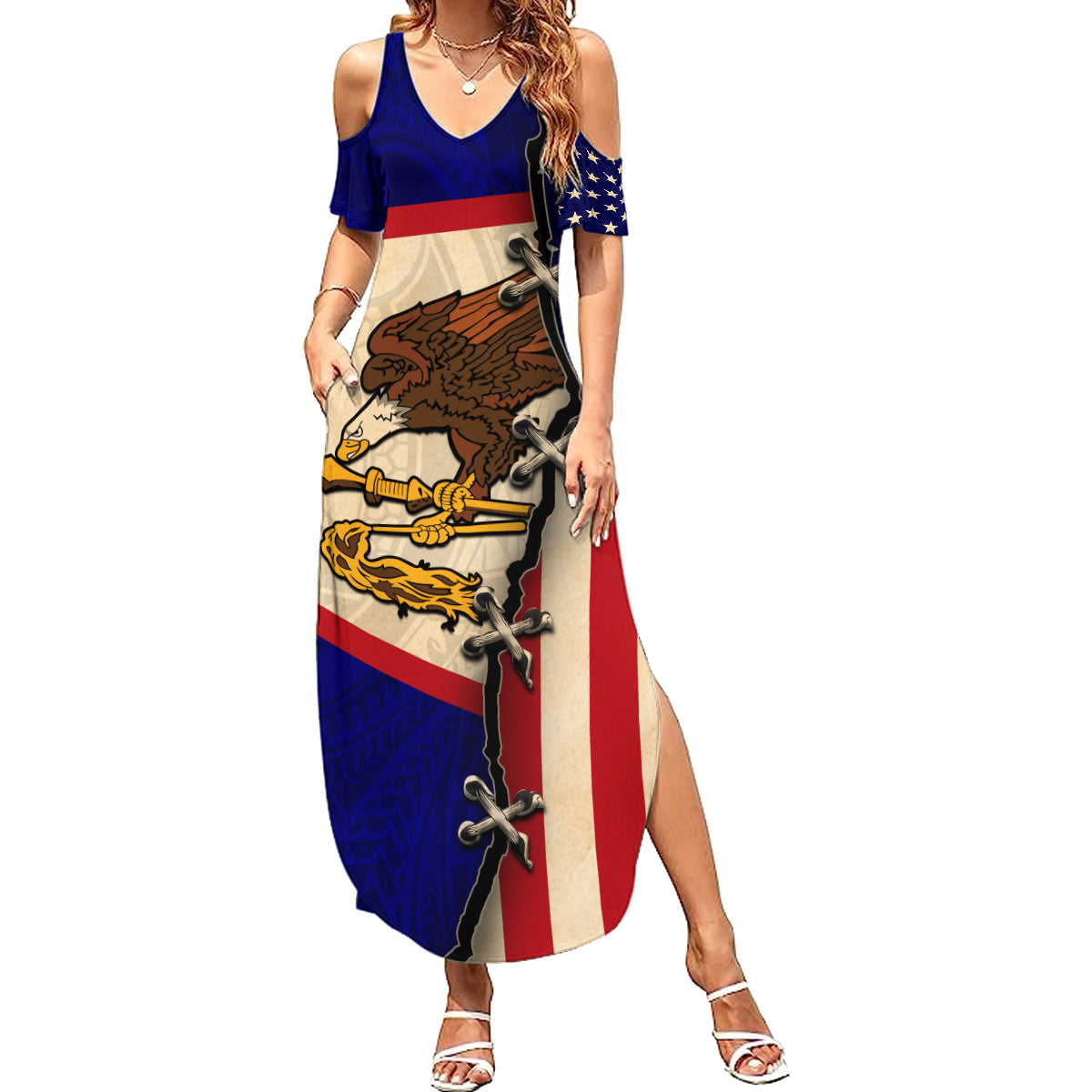 American Samoa Flag Day Family Matching Summer Maxi Dress and Hawaiian Shirt Polynesian Tribal Pattern LT05 Mom's Dress Blue - Polynesian Pride
