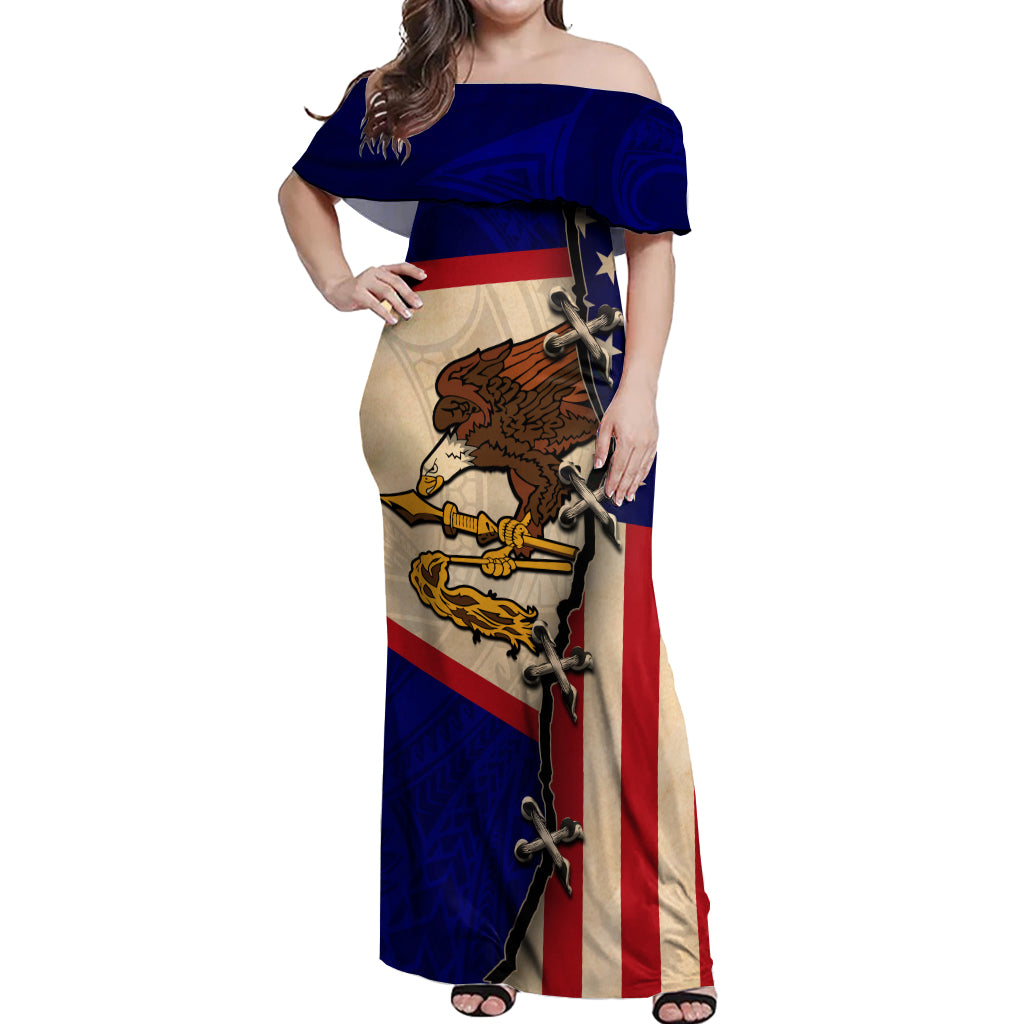 American Samoa Flag Day Off Shoulder Maxi Dress Polynesian Tribal Pattern LT05 Women Blue - Polynesian Pride