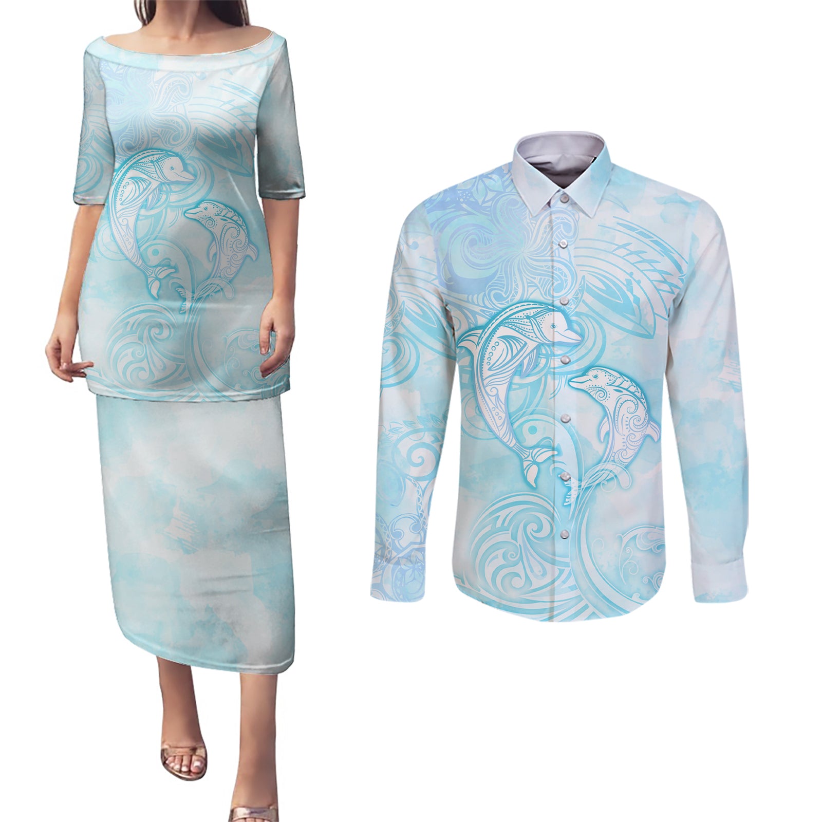 Polynesia Dolphins Under The Sea Couples Matching Puletasi and Long Sleeve Button Shirt Simple Style LT05 Baby Blue - Polynesian Pride