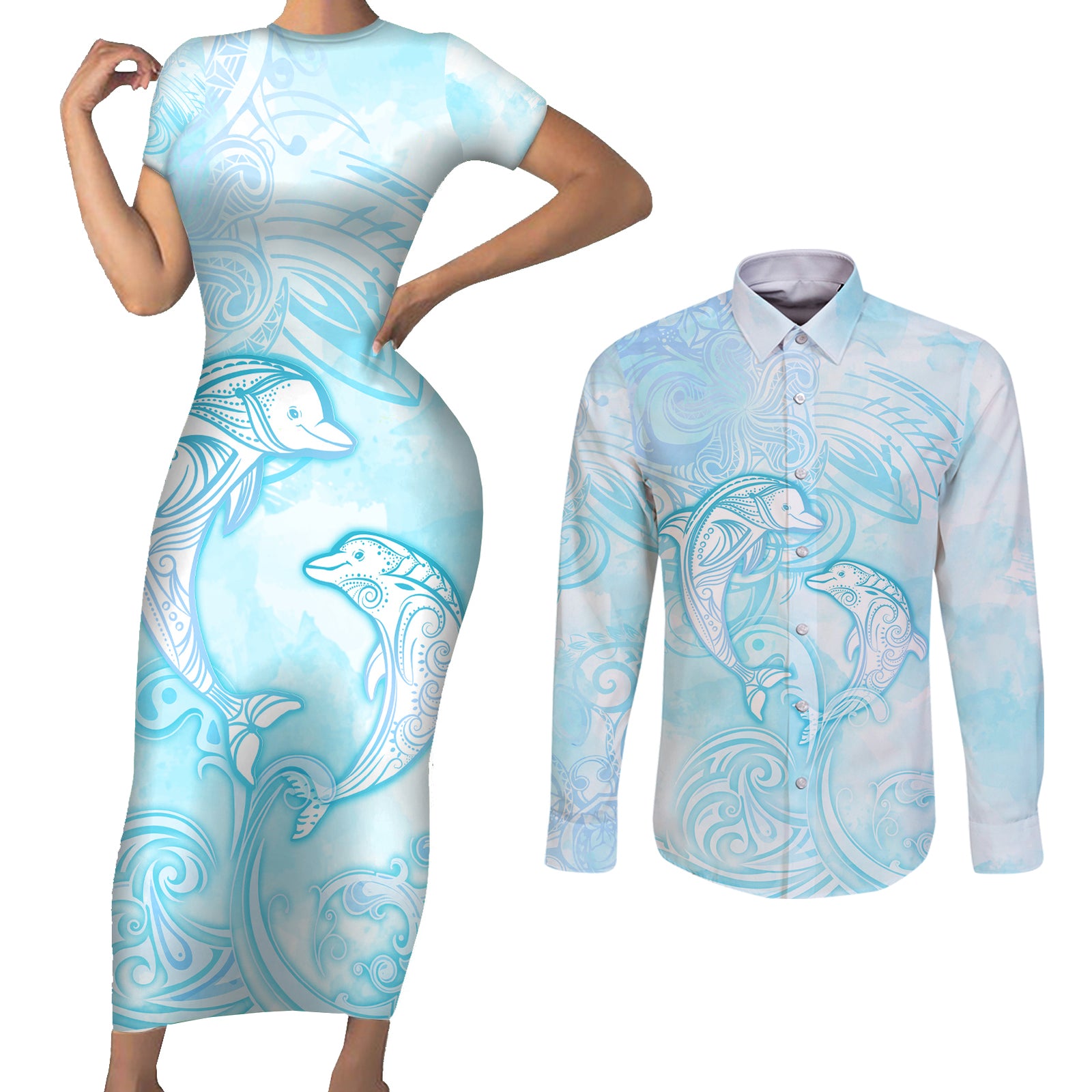 Polynesia Dolphins Under The Sea Couples Matching Short Sleeve Bodycon Dress and Long Sleeve Button Shirt Simple Style LT05 Baby Blue - Polynesian Pride