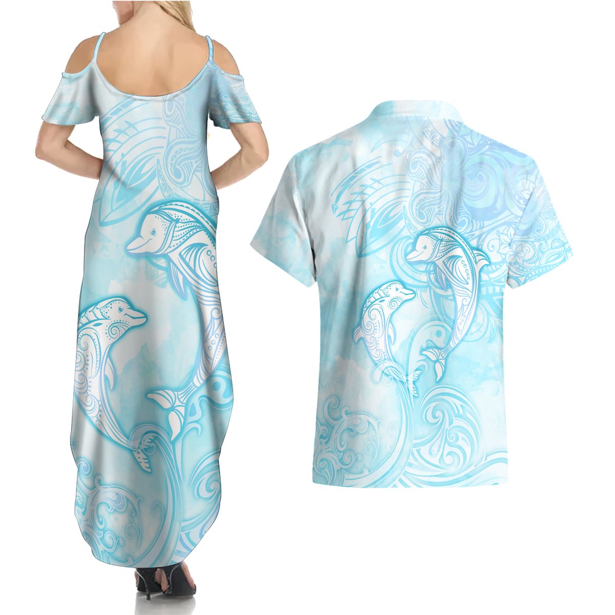 Polynesia Dolphins Under The Sea Couples Matching Summer Maxi Dress and Hawaiian Shirt Simple Style LT05 - Polynesian Pride